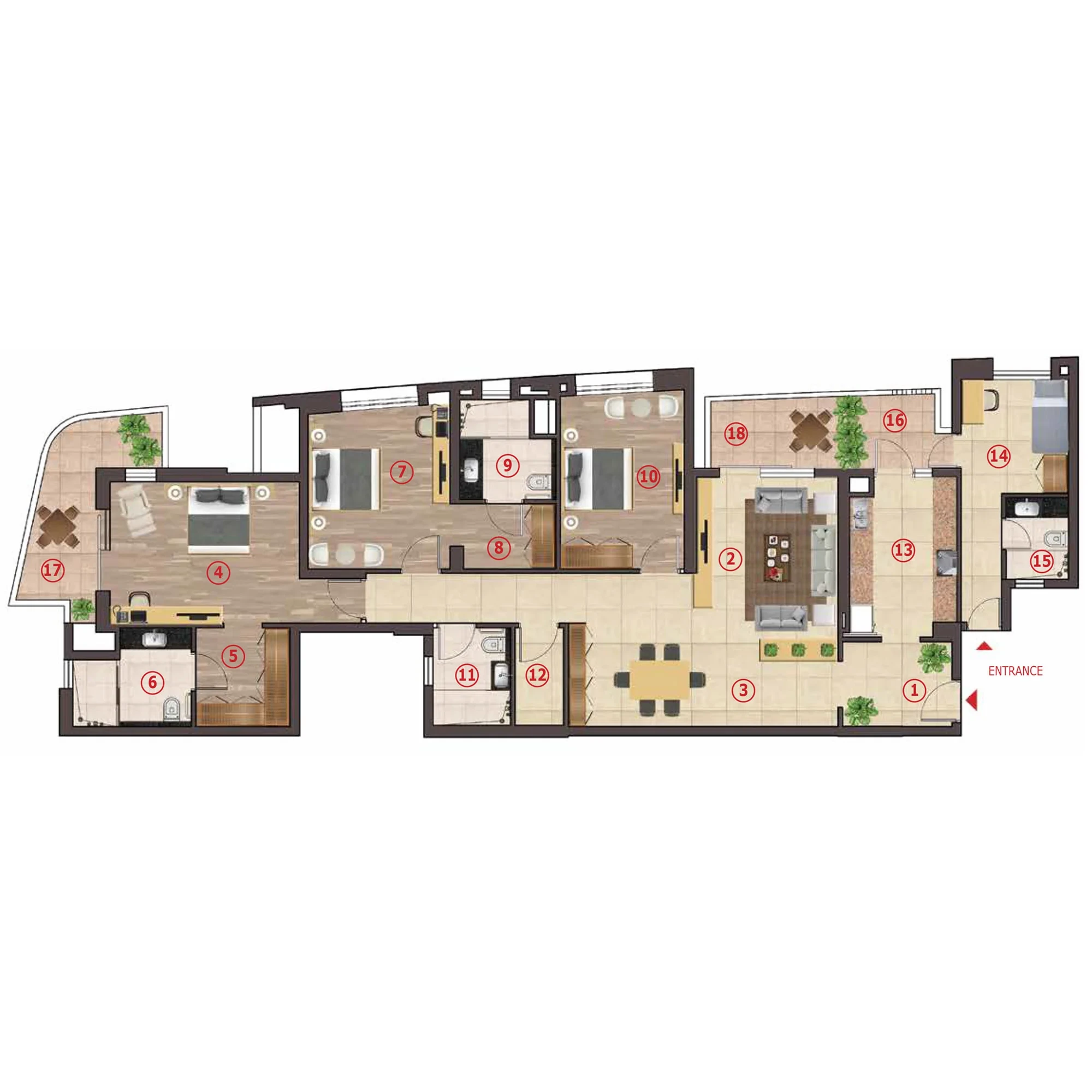 3 BHK + 3 Toilets + Staff room