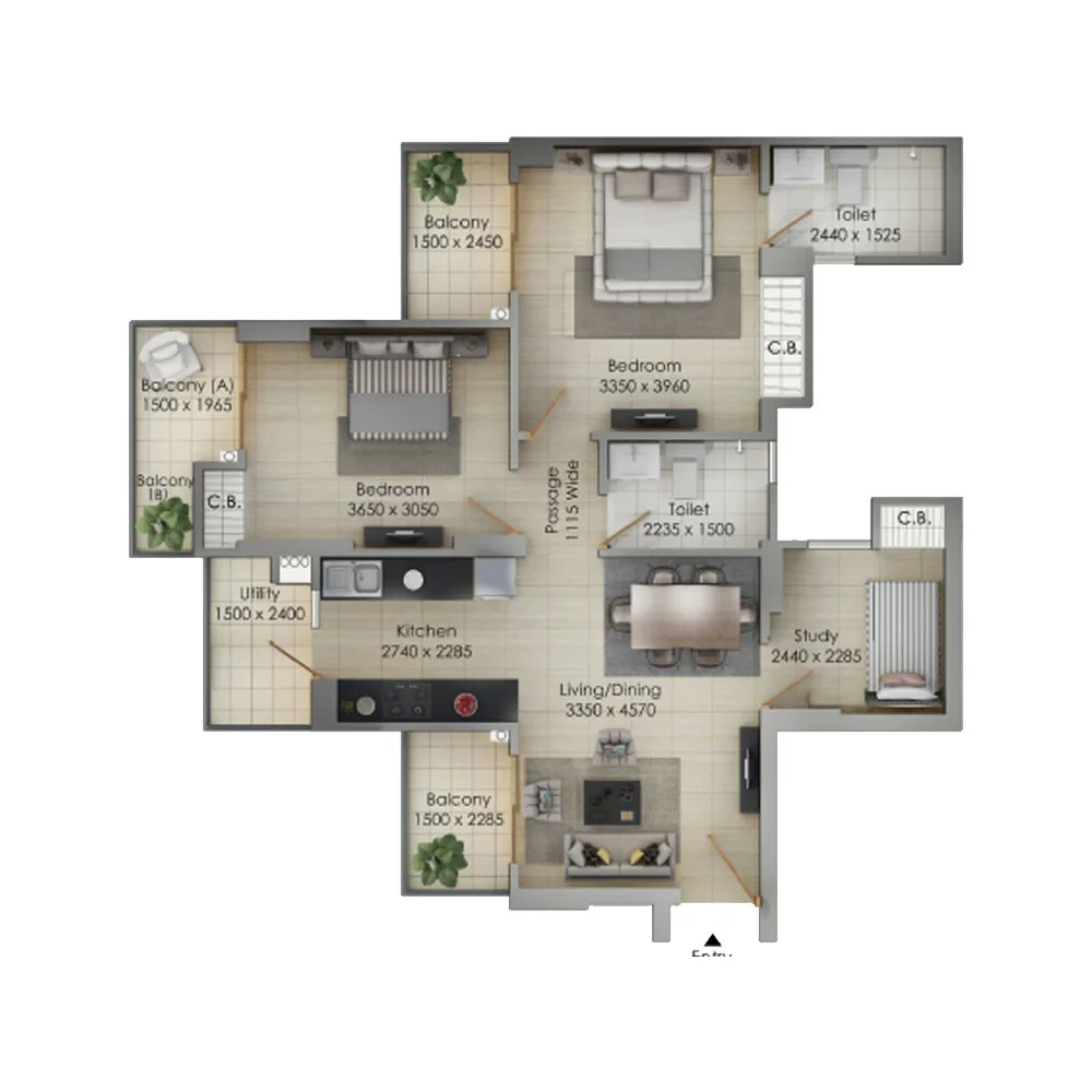 2 BHK + 2 Toilets + Study