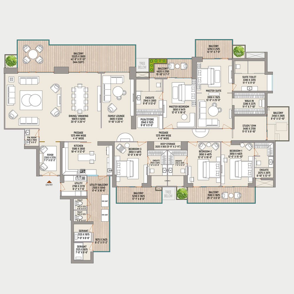 5 BHK + 6 Toilets + 2 Servant Room