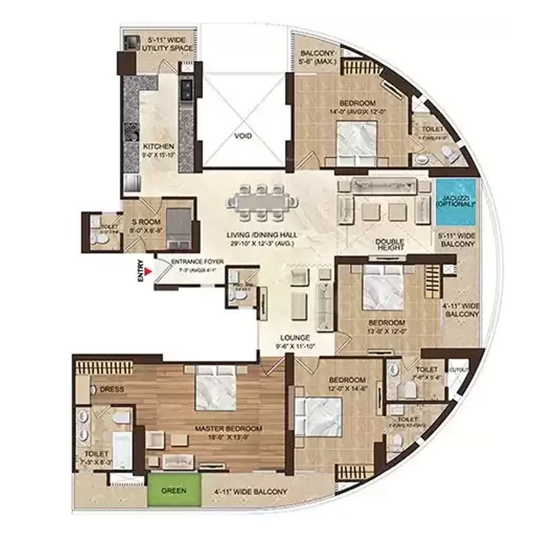 4 BHK + 4 Toilets + Servant