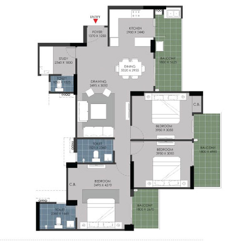 3 BHK + 3 Toilets + Study