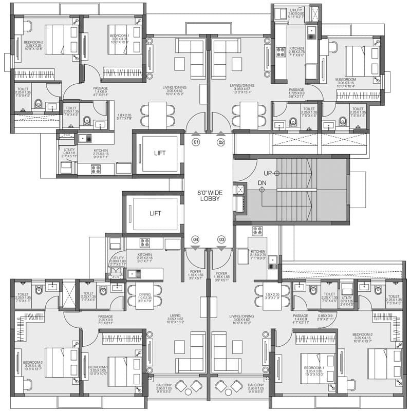 3 BHK + 2 Toilets + Study